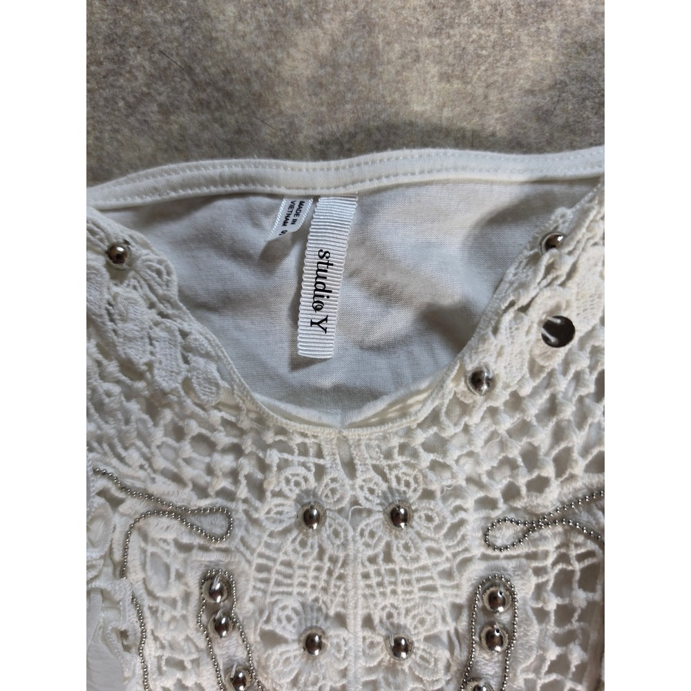 Studio Y White Flutter Sleeve Blouse Crochet Lace Studded Boho Top Small